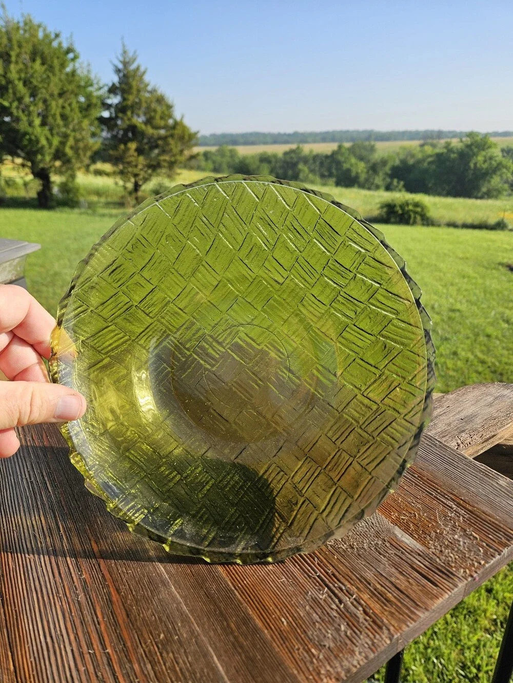 Green glass bowl with textured woven pattern  #glassware mid-century modern